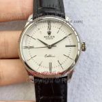 Copy Rolex Geneve Leather Cellini Stainless Steel White Dial Watch 39MM